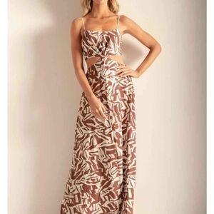 Touche Brown and White Patterned Maxi Dress Size M Cut Outs Bohemian Boho
